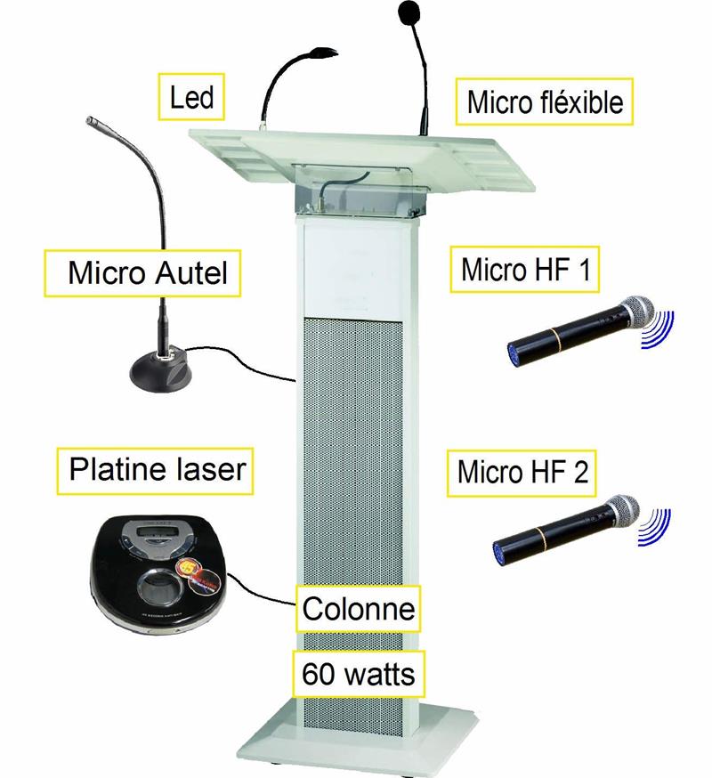 Pupitre de conférence blanc 60 watts, 2 micros sans fil